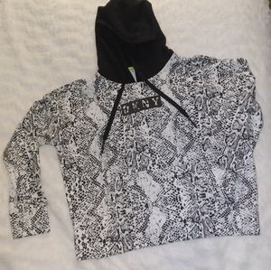 DKNY Sport Hoodie Sz M Black White Snake Skin Design Boxy Crop Top